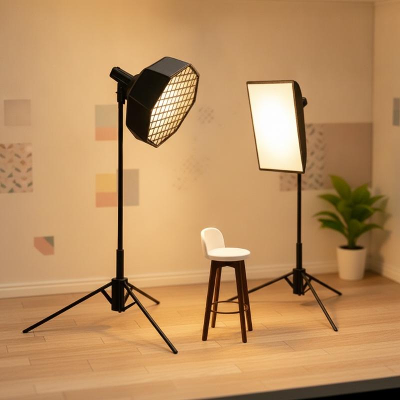 Photography Lighting Layout - 1/12ミニスタジオライトソフトボックスモデル三脚、写真撮影用スツール、ドールハウスのレイアウト撮影装飾用のリアルなミニチュア小道具