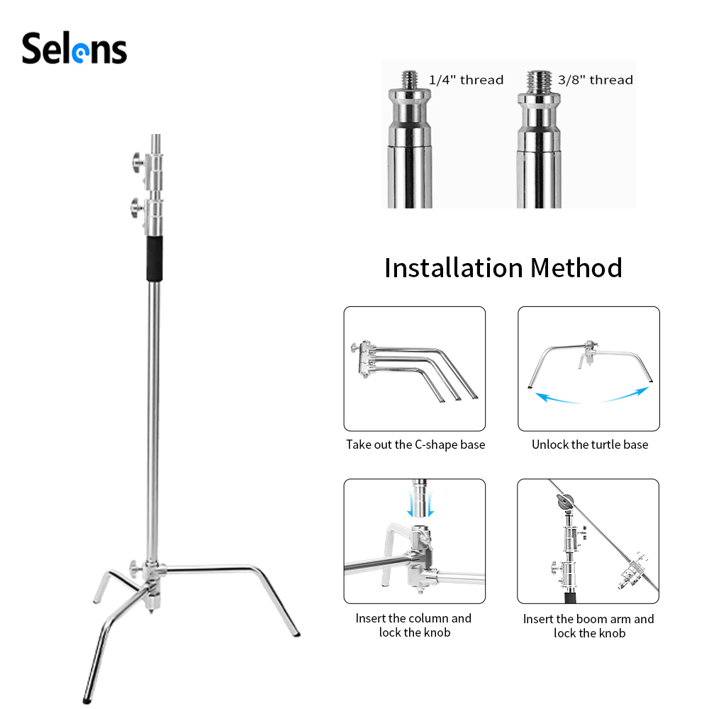 Photography Lightning - Selens 300cm Cスタンド ステンレス製ライトスタンド三脚ブラケット 折りたたみ式マジックレッグ付き 写真スタジオ