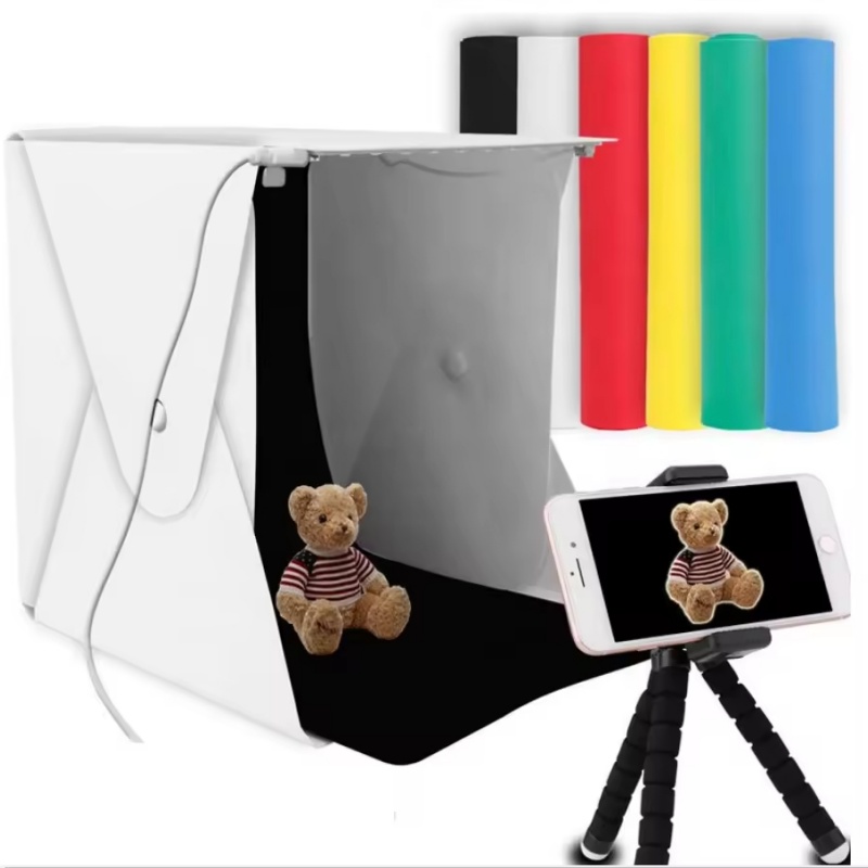 Photography Lighting And Backdrop Kits - 折りたたみ式ポータブル写真撮影用LEDライト ミニフォトボックス照明スタジオ撮影ボックスキット 6色背景幕付き DSLRカメラ用