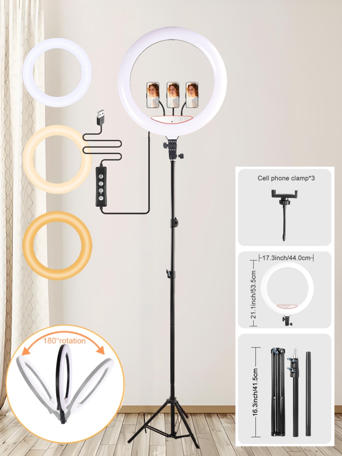 Photography Lighting Online - プロフェッショナル18インチリングライトキット（収納バッグ付き）- 1.86m折りたたみ式三脚、3つの調整可能なスマホホルダー、3つの照明モード（暖色/白/クール）、ポートレート写真/動画/オンライン授業に最適