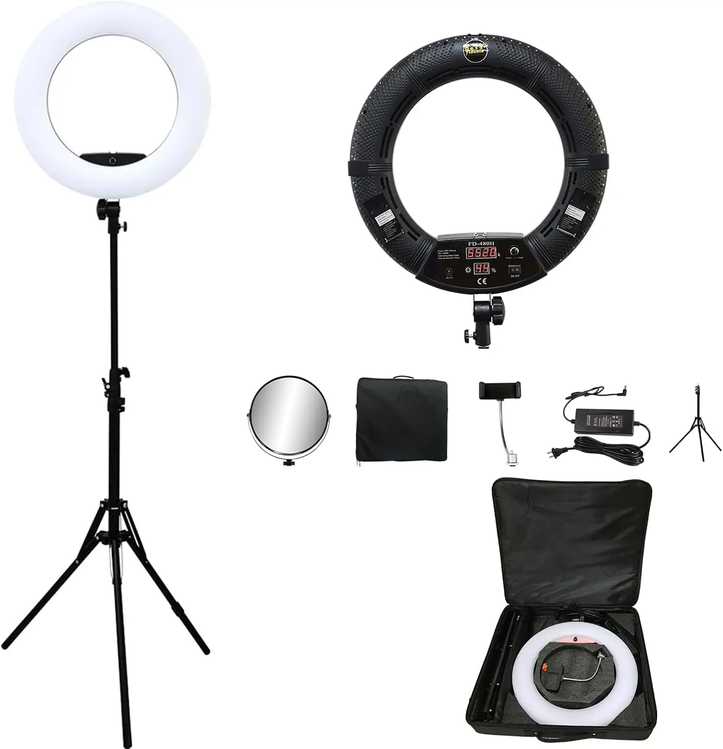 Led Ring Light 18 - FD480 リングランプ 18インチ LEDリングライト スタンドとミラー付き、ブラック |