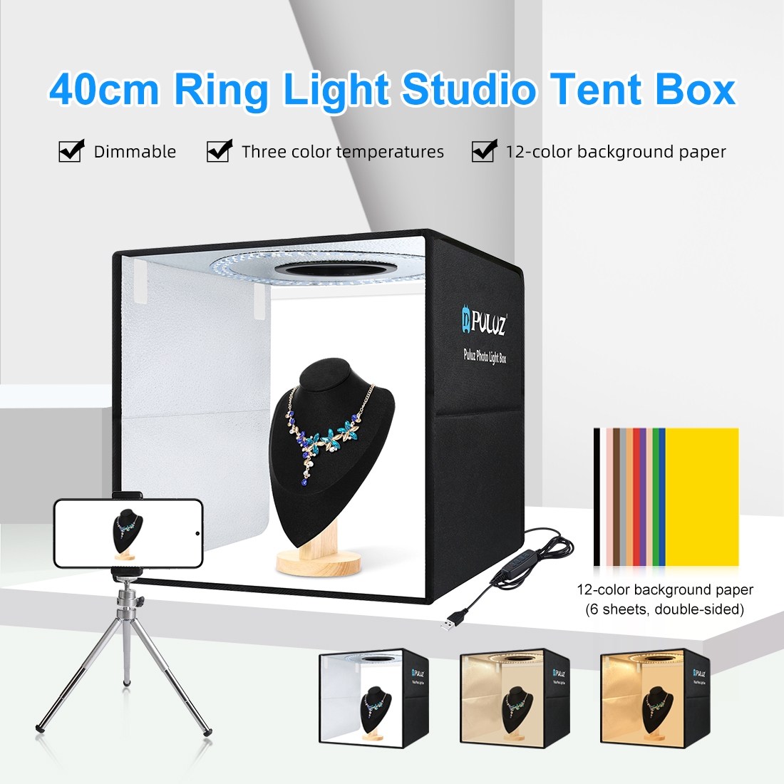 PULUZ 40cm折りたたみ式ポータブルリングライトUSB - Photography Lighting Tent のレビューと価格